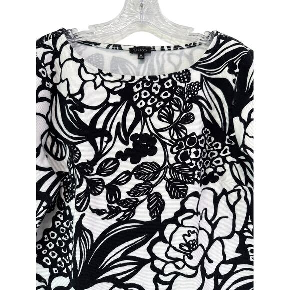 Talbots Textured Ribbed Knit Boat Neck Black White Floral Top Size M 3/4 Sleeves - Picture 3 of 7